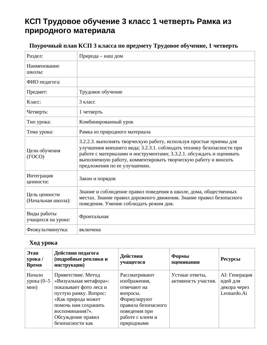 КСП Трудовое обучение 3 класс 1 четверть Рамка из природного материала