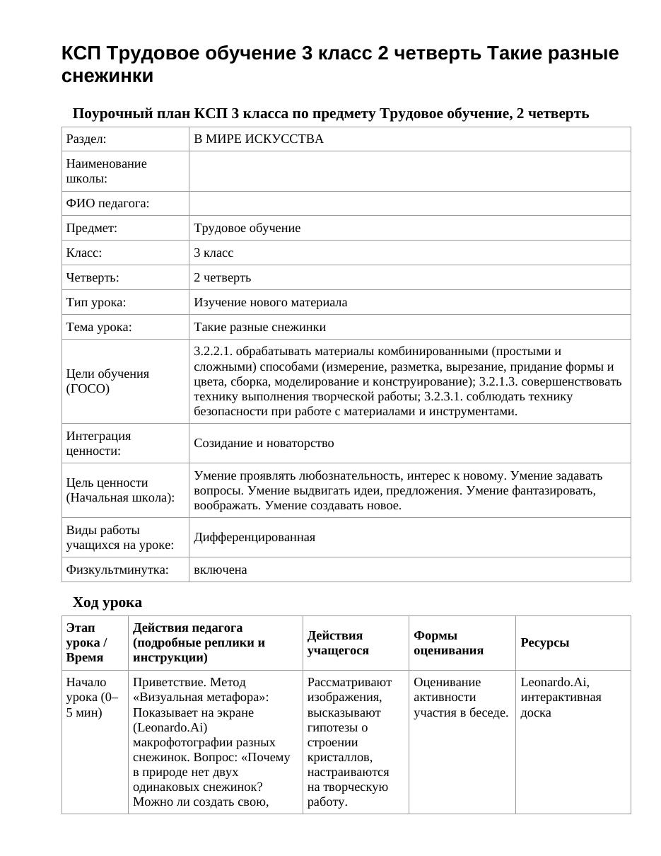 КСП Трудовое обучение 3 класс 2 четверть Такие разные снежинки