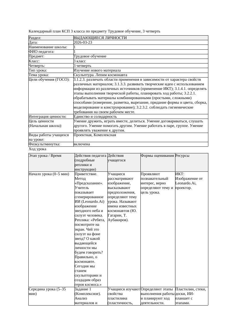 КСП Трудовое обучение 3класс 3 четверть Скульптура Лепим космонавта