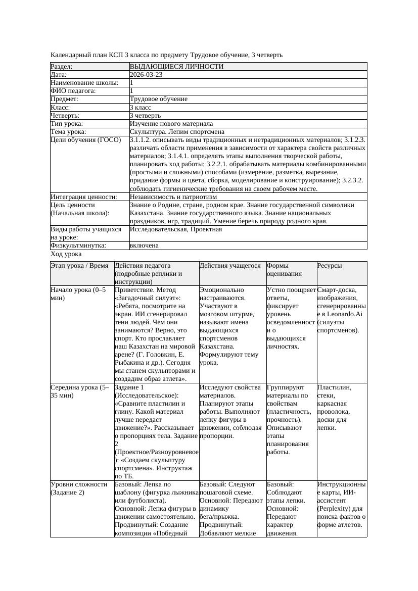 КСП Трудовое обучение 3класс 3 четверть Скульптура Лепим спортсмена