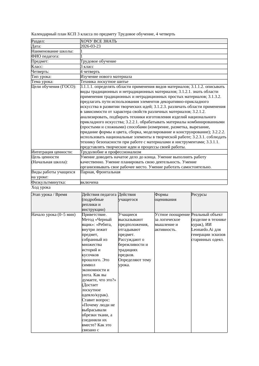 КСП Трудовое обучение 3класс 4 четверть Техника лоскутное шитье