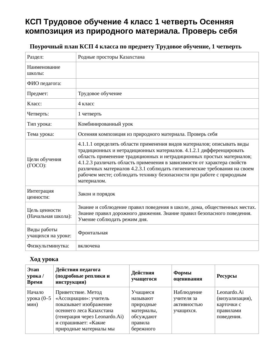 КСП Трудовое обучение 4 класс 1 четверть Осенняя композиция из природного материала. Проверь себя
