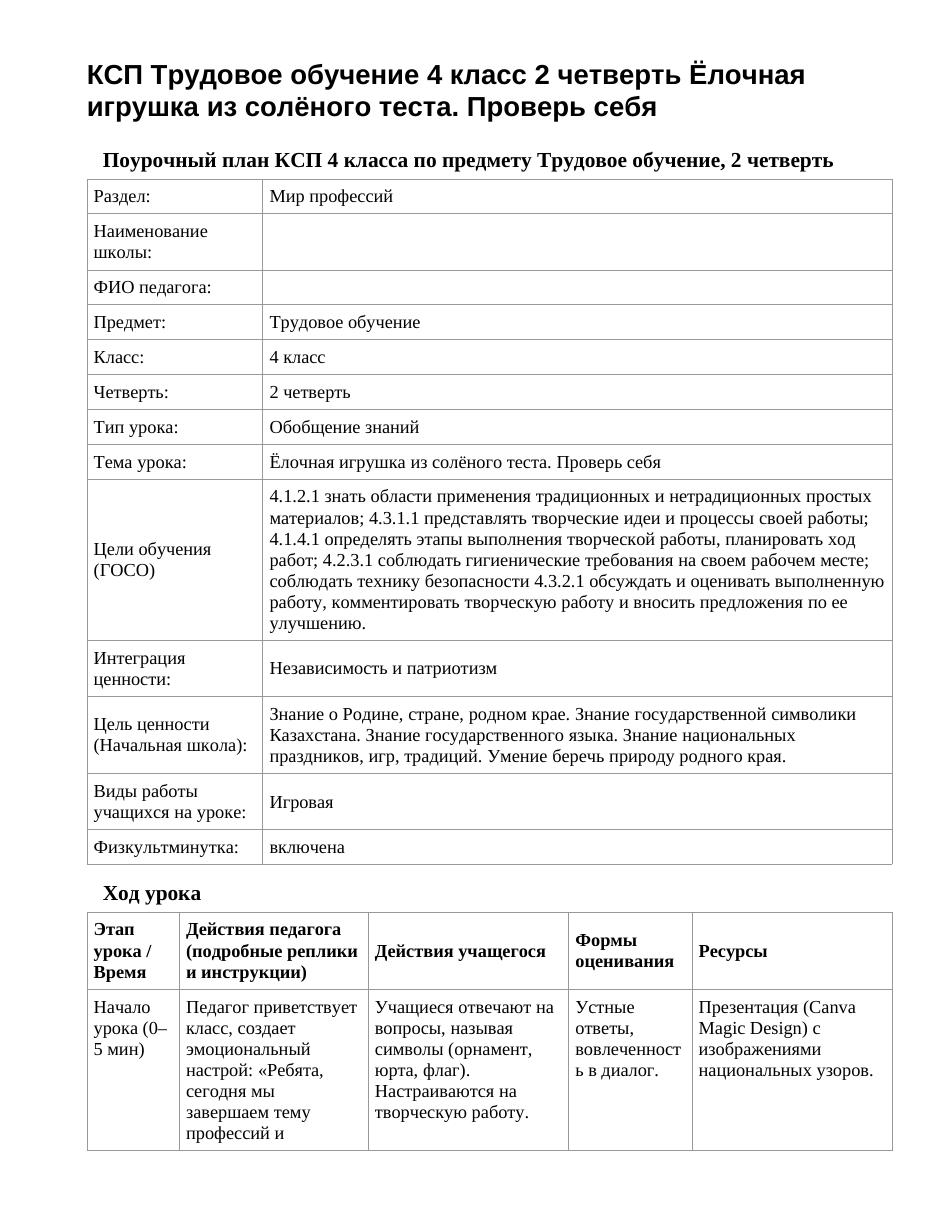 КСП Трудовое обучение 4 класс 2 четверть Ёлочная игрушка из солёного теста. Проверь себя