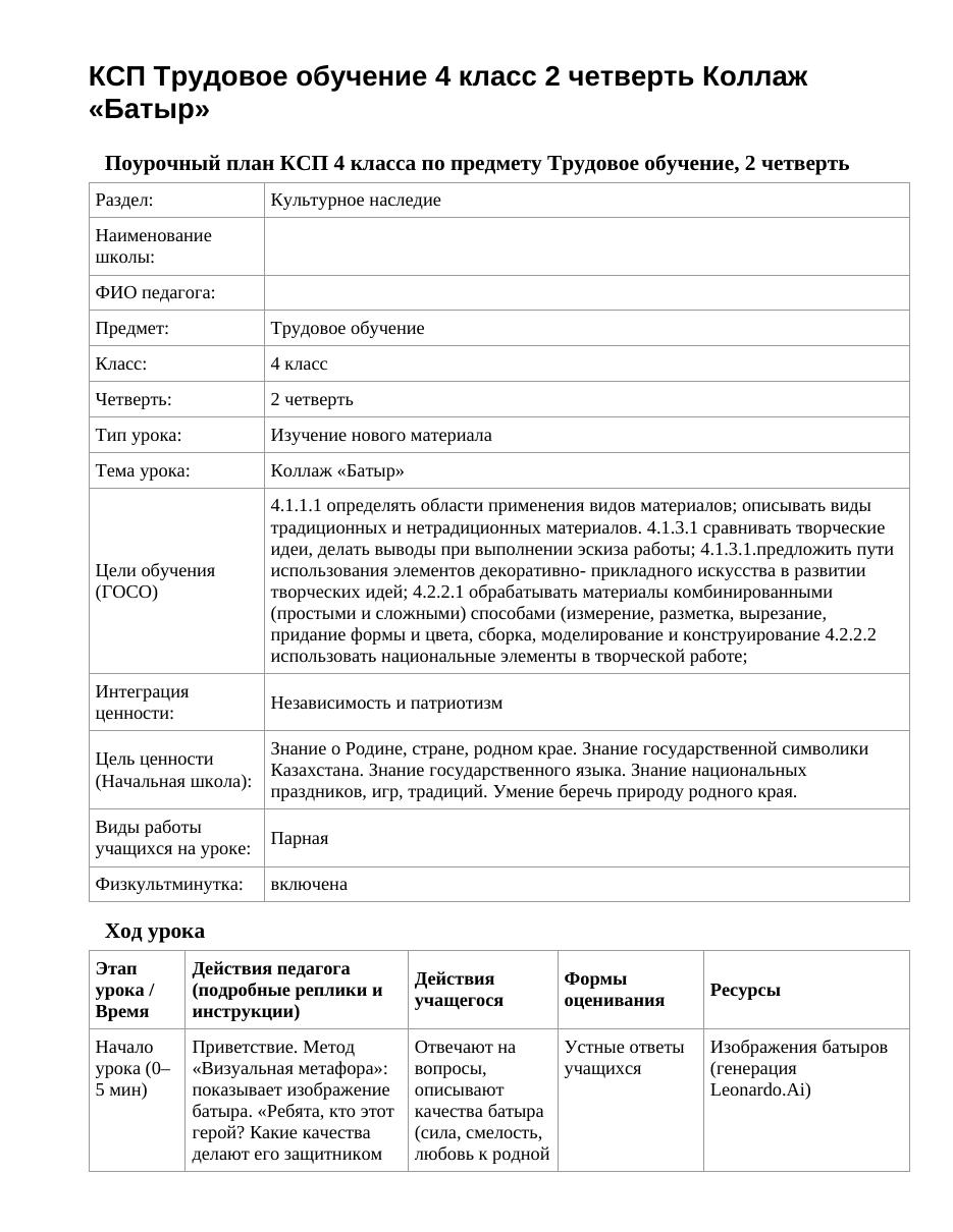 КСП Трудовое обучение 4 класс 2 четверть Коллаж «Батыр»