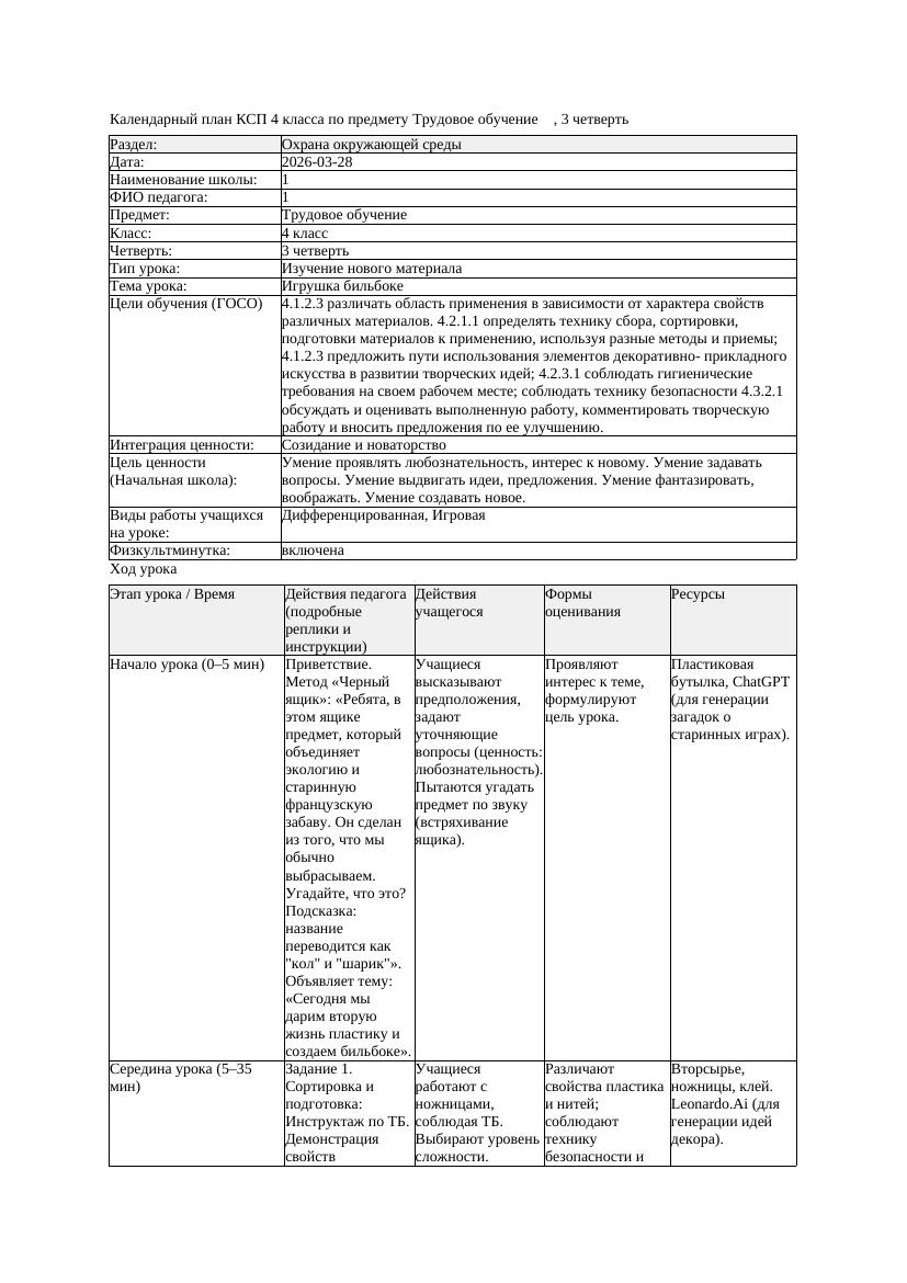 КСП Трудовое обучение 4класс 3 четверть Игрушка бильбоке 20260328