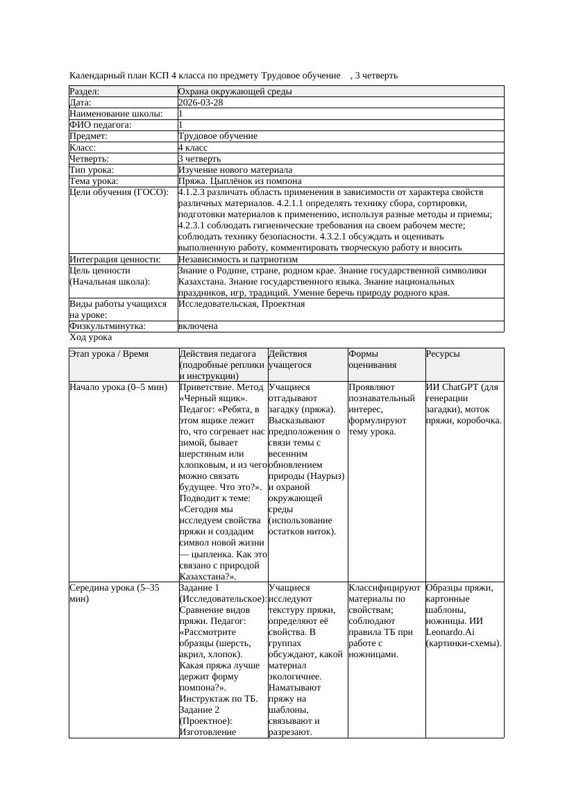 КСП Трудовое обучение 4класс 3 четверть Пряжа Цыплёнок из помпона