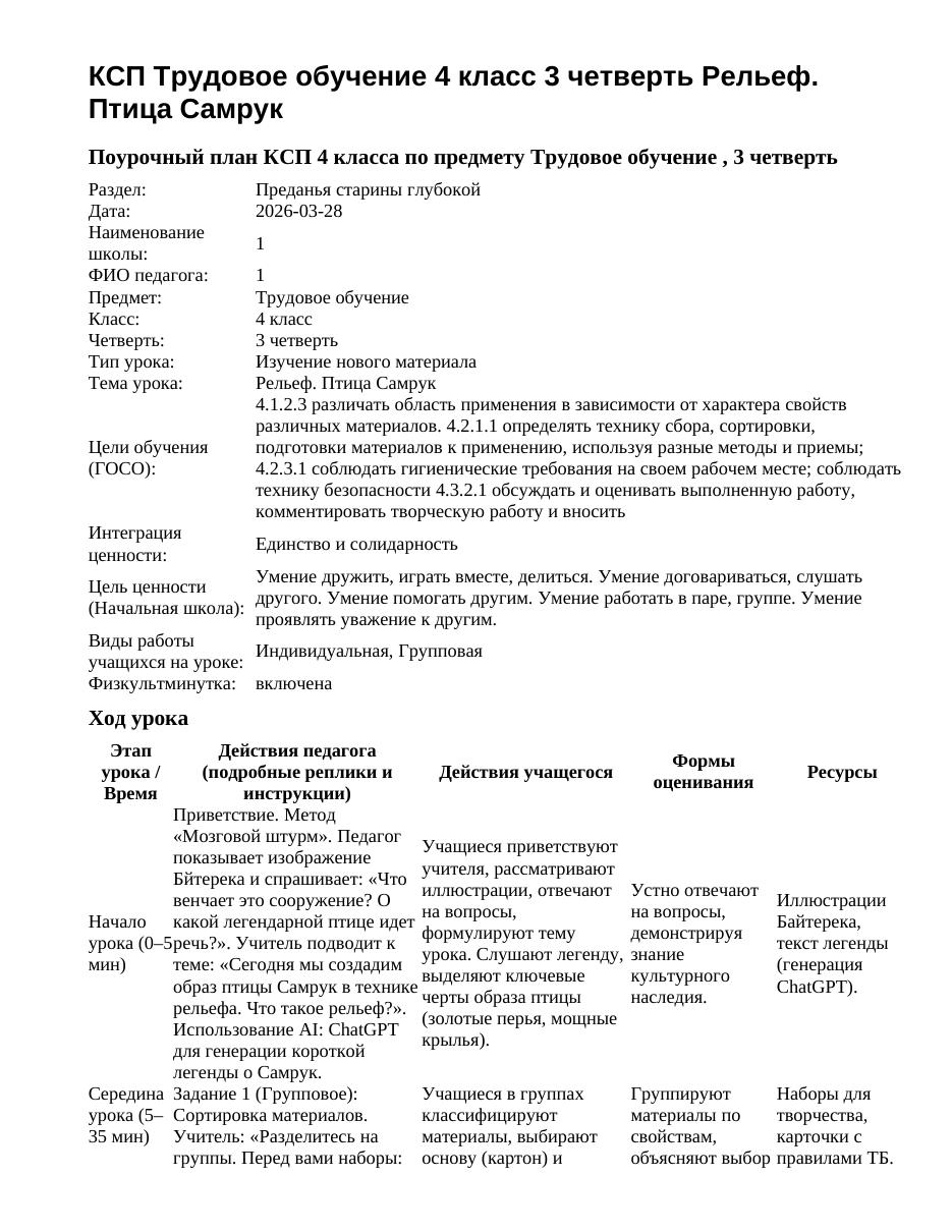 КСП Трудовое обучение 4 класс 3 четверть Рельеф. Птица Самрук