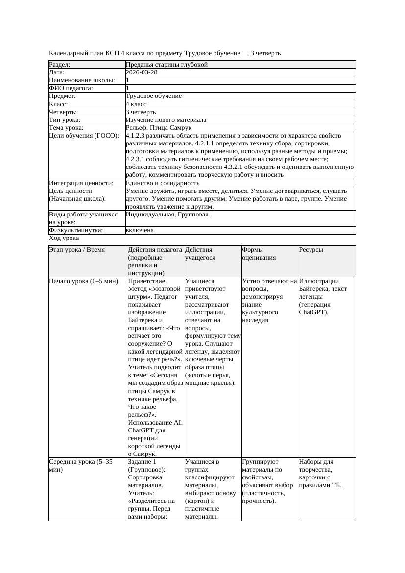 КСП Трудовое обучение 4класс 3 четверть Рельеф Птица Самрук 20260328