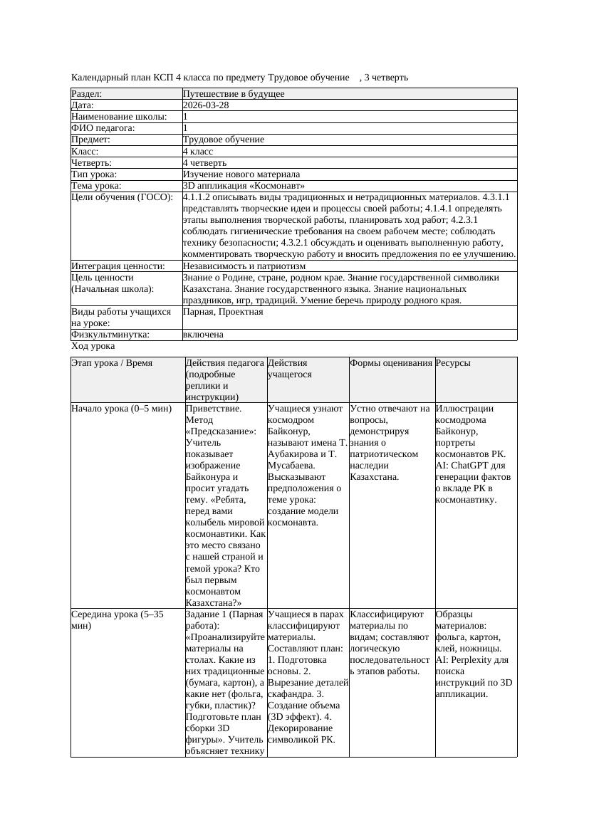 КСП Трудовое обучение 4класс 4 четверть 3D аппликация Космонавт