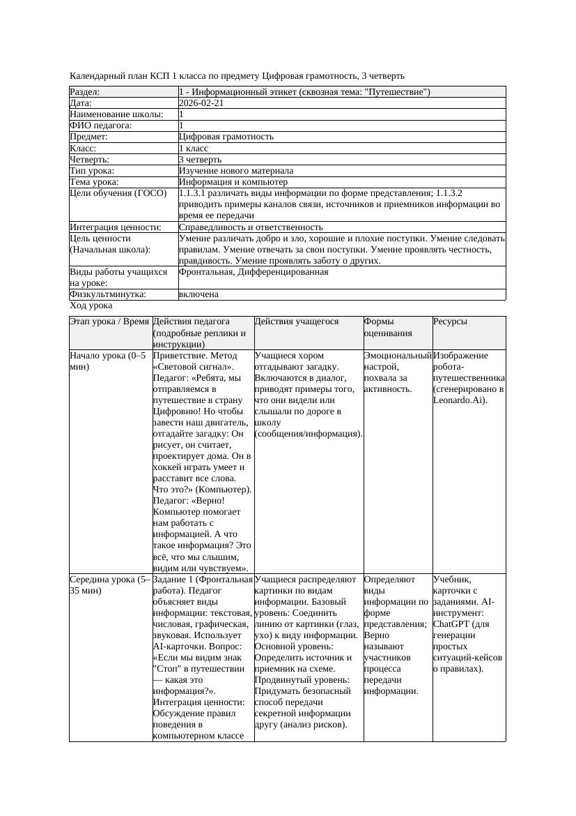 КСП Цифровая грамотность 1класс 3 четверть Информация и компьютер
