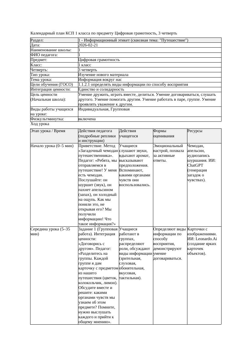 КСП Цифровая грамотность 1класс 3 четверть Информация вокруг нас
