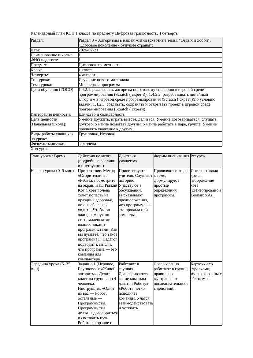 КСП Цифровая грамотность 1класс 4 четверть Моя первая программа