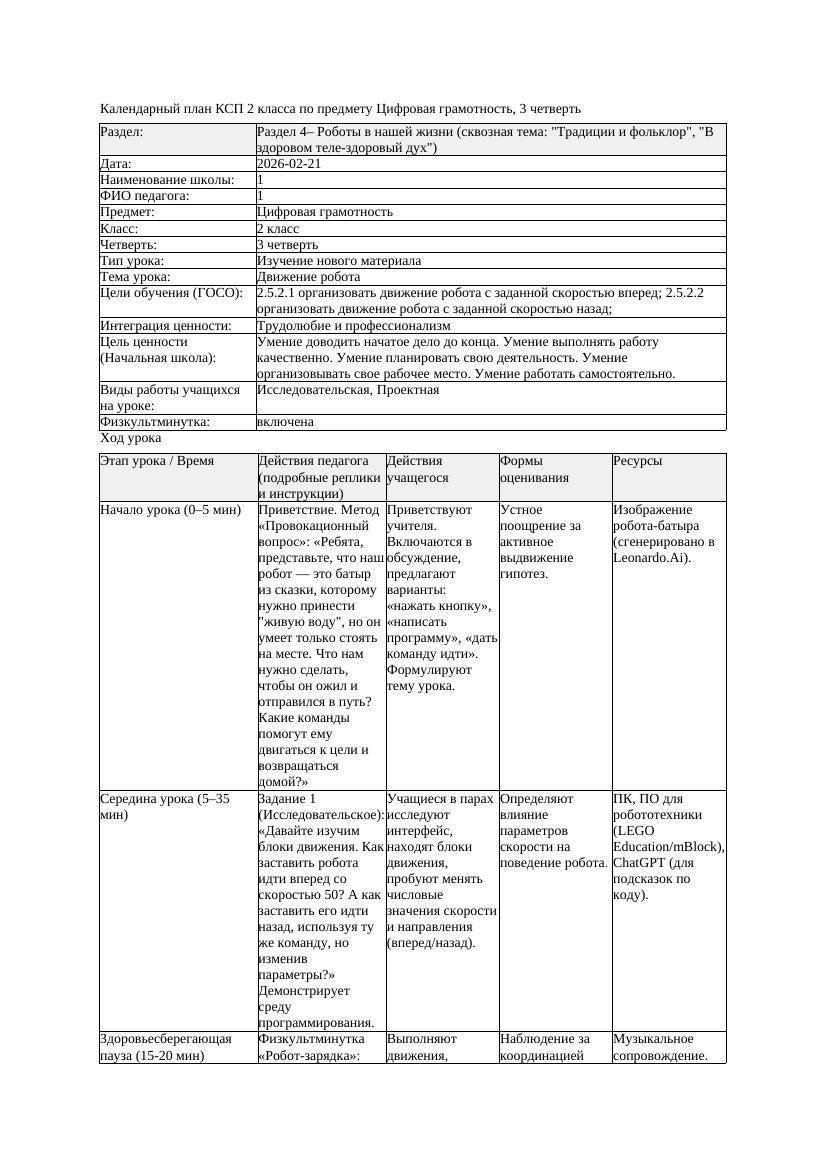 КСП Цифровая грамотность 2класс 3 четверть Движение робота 20260221