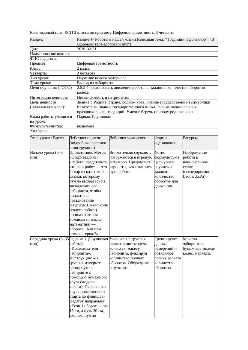 КСП Цифровая грамотность 2класс 3 четверть Выход из лабиринта 20260221