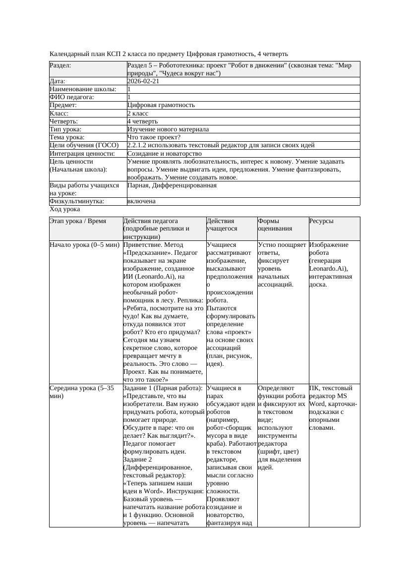КСП Цифровая грамотность 2класс 4 четверть Что такое проект 20260221