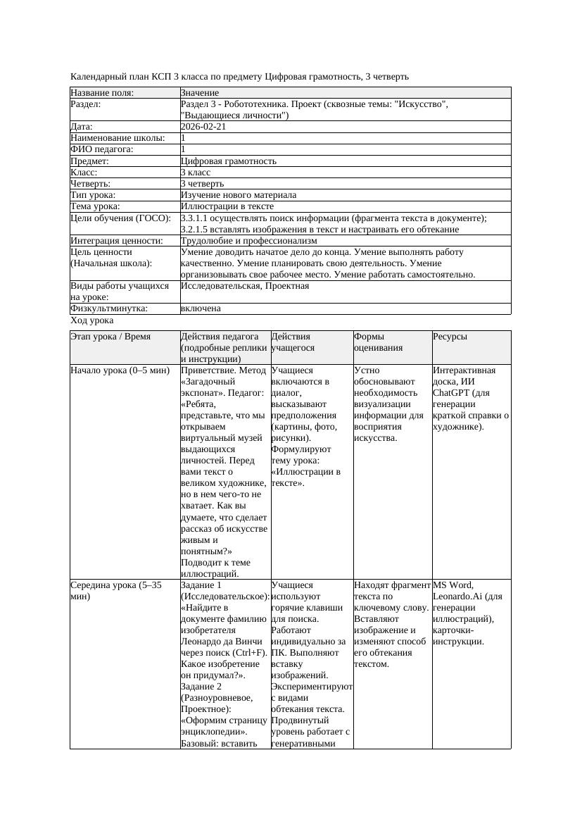 КСП Цифровая грамотность 3класс 3 четверть Иллюстрации в тексте