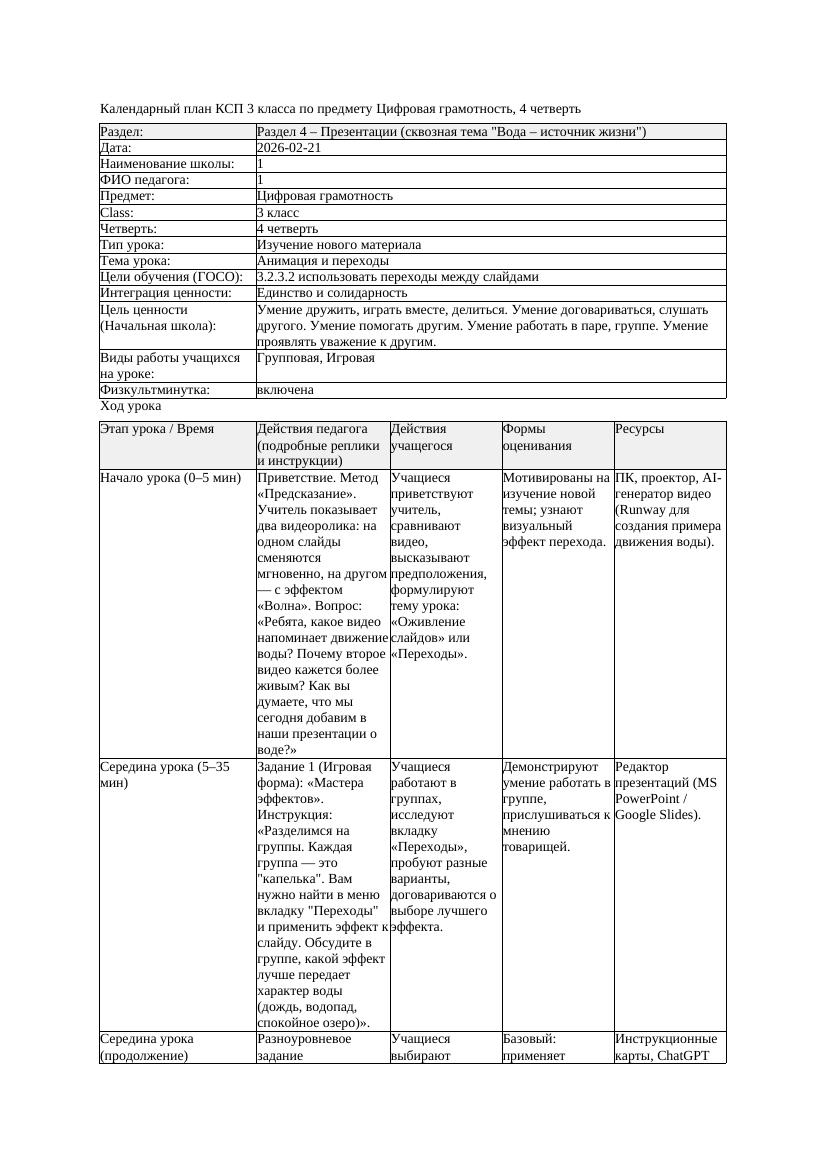 КСП Цифровая грамотность 3класс 4 четверть Анимация и переходы 20260221