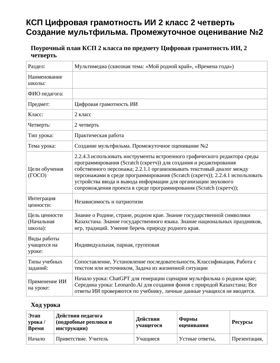 КСП Цифровая грамотность ИИ 2 класс 2 четверть Создание мультфильма. Промежуточное оценивание №2