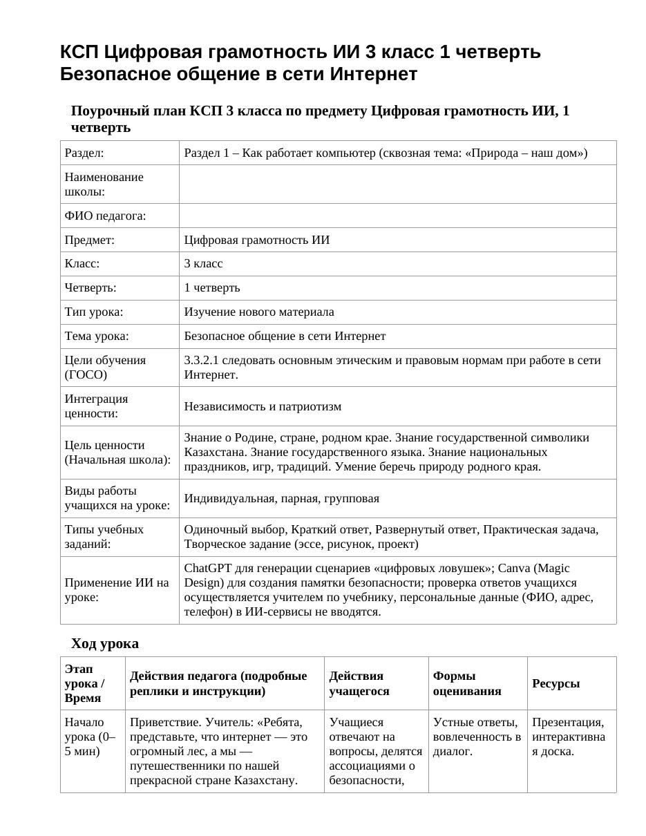 КСП Цифровая грамотность ИИ 3 класс 1 четверть Безопасное общение в сети Интернет