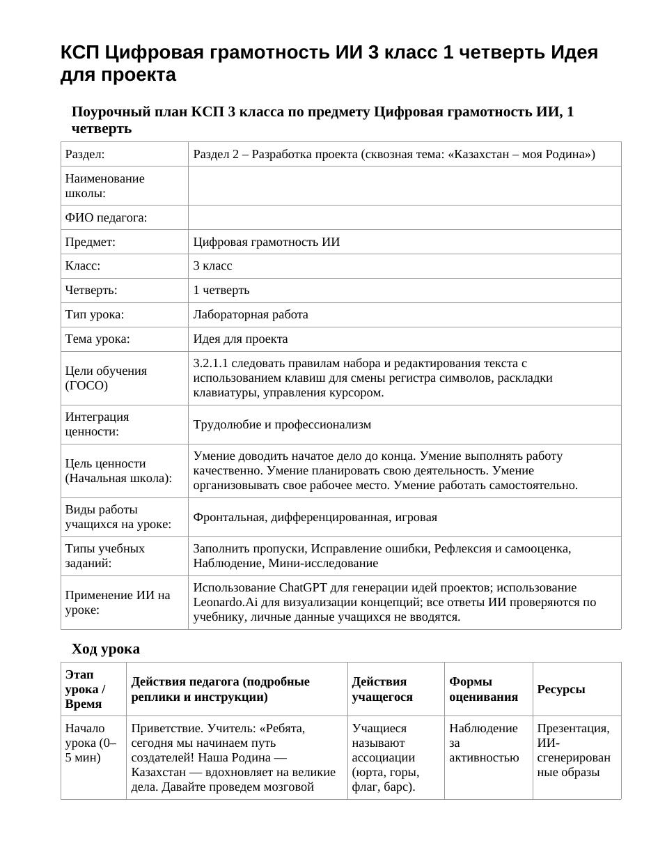 КСП Цифровая грамотность ИИ 3 класс 1 четверть Идея для проекта