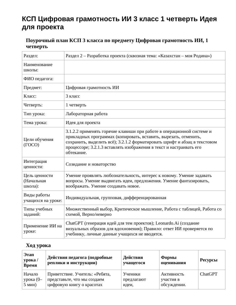 КСП Цифровая грамотность ИИ 3 класс 1 четверть Идея для проекта