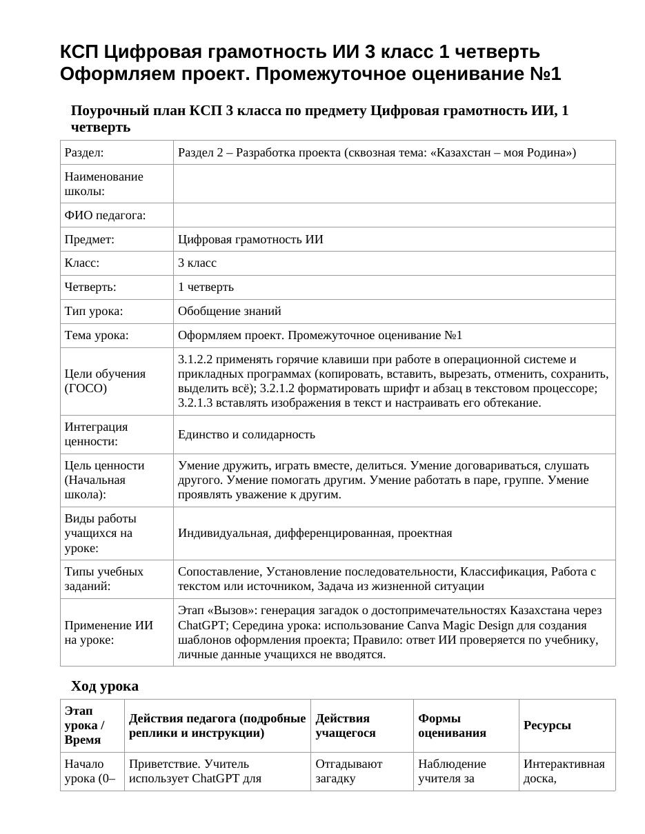 КСП Цифровая грамотность ИИ 3 класс 1 четверть Оформляем проект. Промежуточное оценивание №1