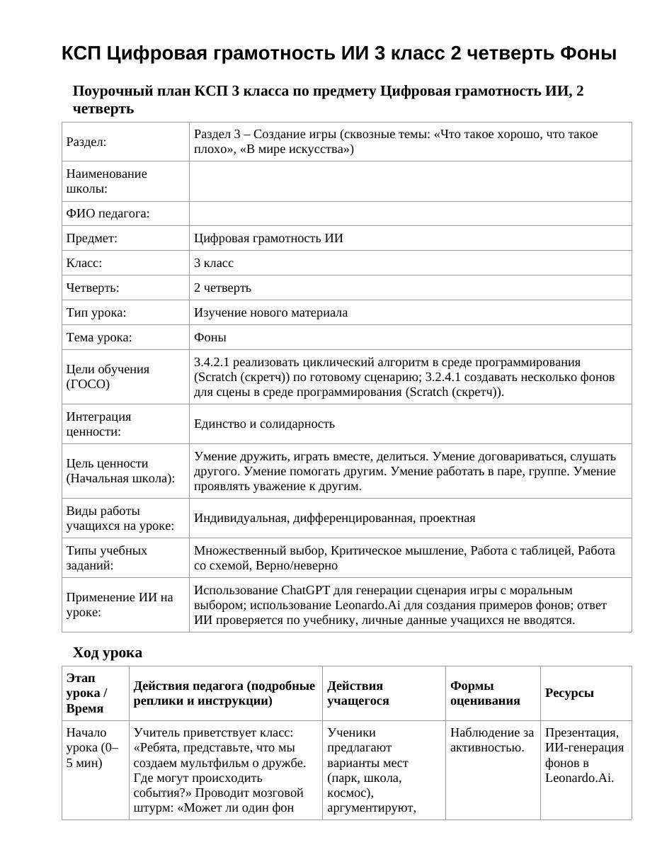 КСП Цифровая грамотность ИИ 3 класс 2 четверть Фоны