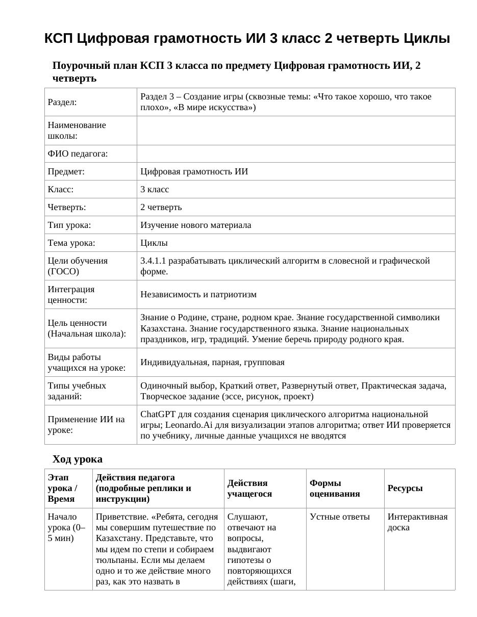 КСП Цифровая грамотность ИИ 3 класс 2 четверть Циклы