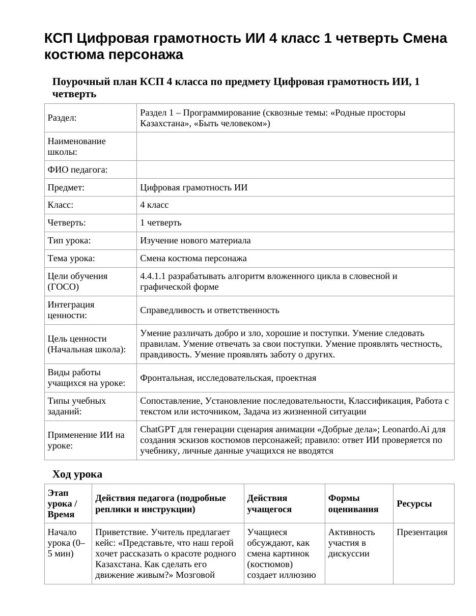 КСП Цифровая грамотность ИИ 4 класс 1 четверть Смена костюма персонажа