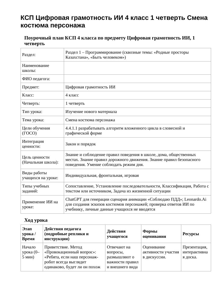 КСП Цифровая грамотность ИИ 4 класс 1 четверть Смена костюма персонажа