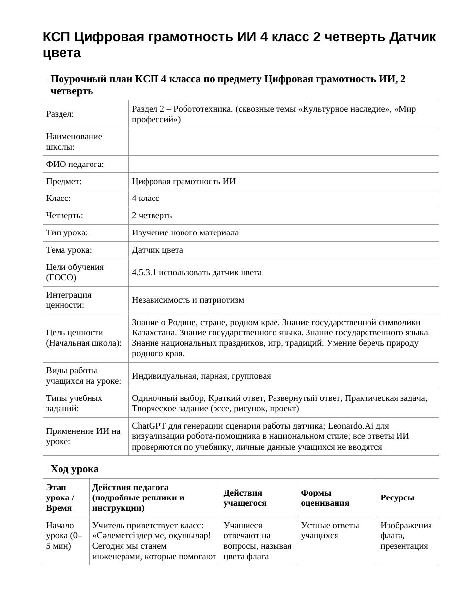 КСП Цифровая грамотность ИИ 4 класс 2 четверть Датчик цвета