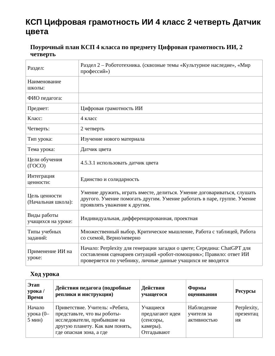 КСП Цифровая грамотность ИИ 4 класс 2 четверть Датчик цвета