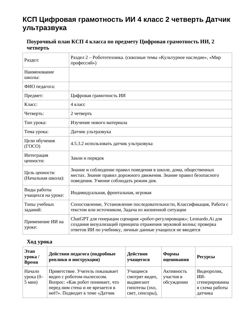 КСП Цифровая грамотность ИИ 4 класс 2 четверть Датчик ультразвука