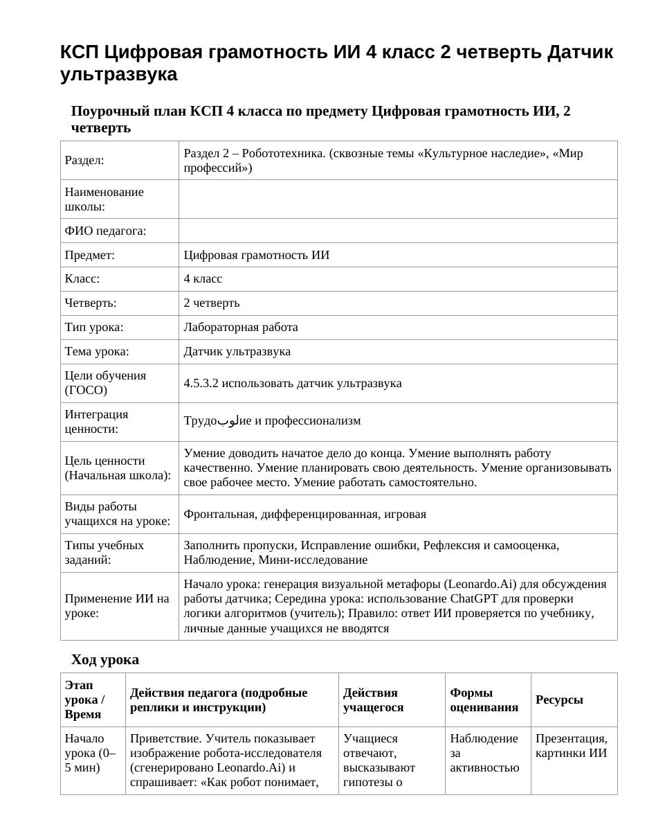 КСП Цифровая грамотность ИИ 4 класс 2 четверть Датчик ультразвука