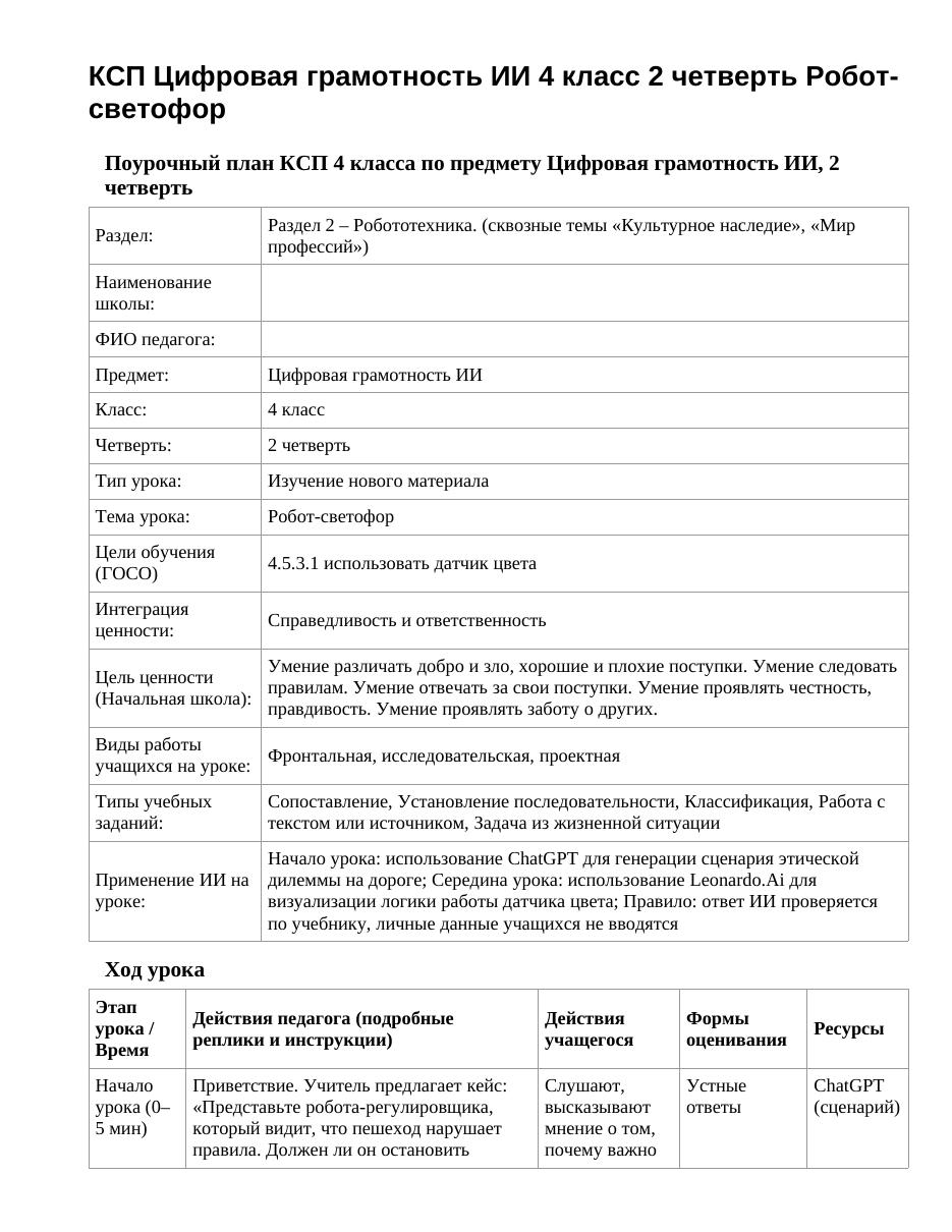 КСП Цифровая грамотность ИИ 4 класс 2 четверть Робот-светофор