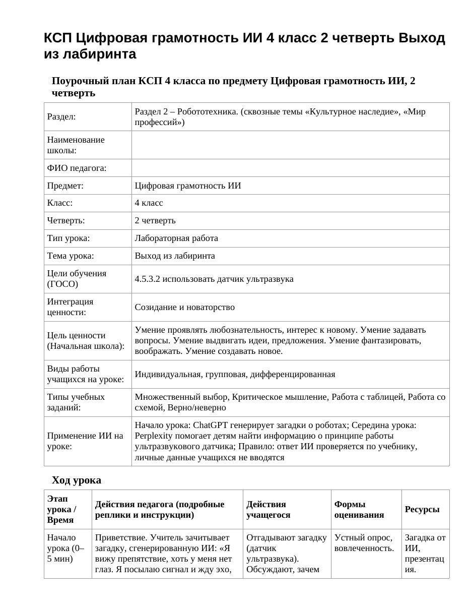 КСП Цифровая грамотность ИИ 4 класс 2 четверть Выход из лабиринта