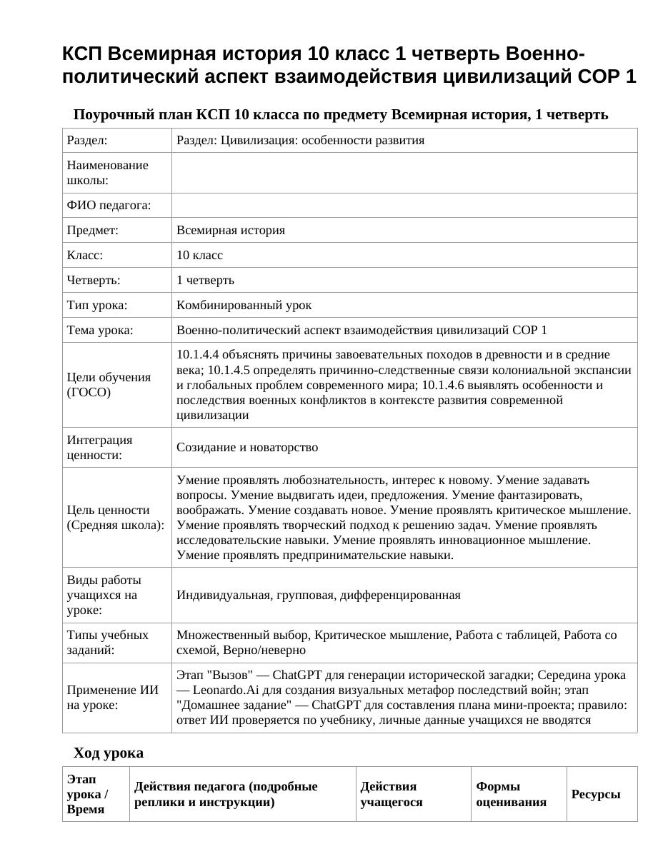 КСП Всемирная история 10 класс 1 четверть Военно-политический аспект взаимодействия цивилизаций СОР 1