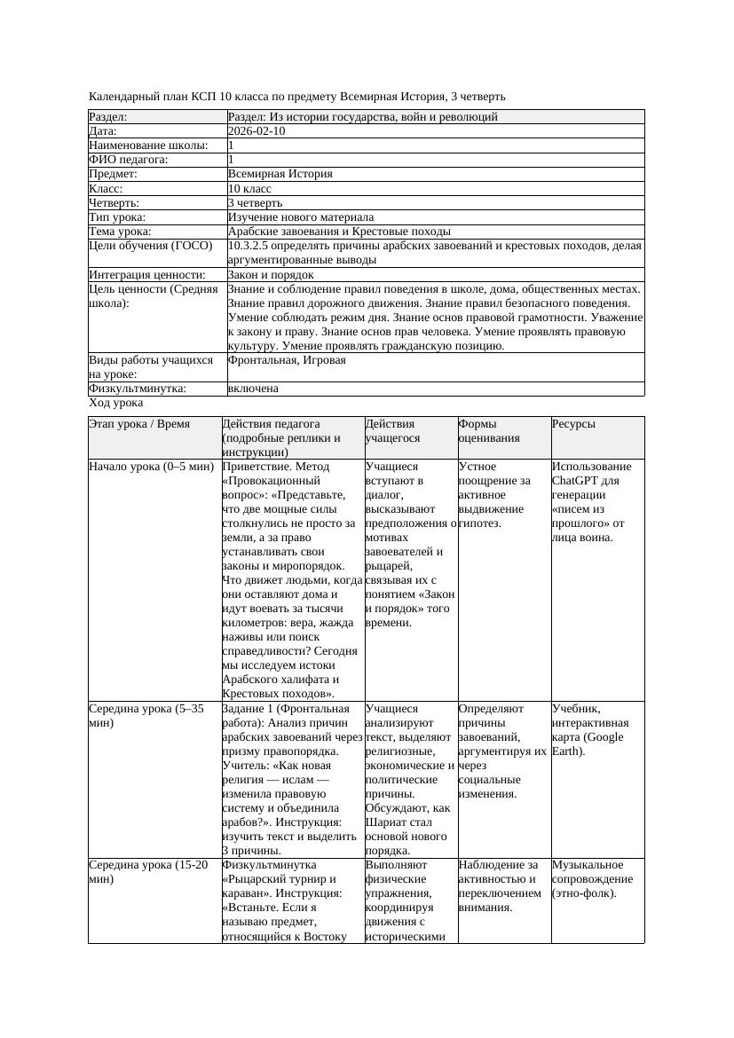 КСП Всемирная История 10класс 3четверть Арабские завоевания и Крестовые