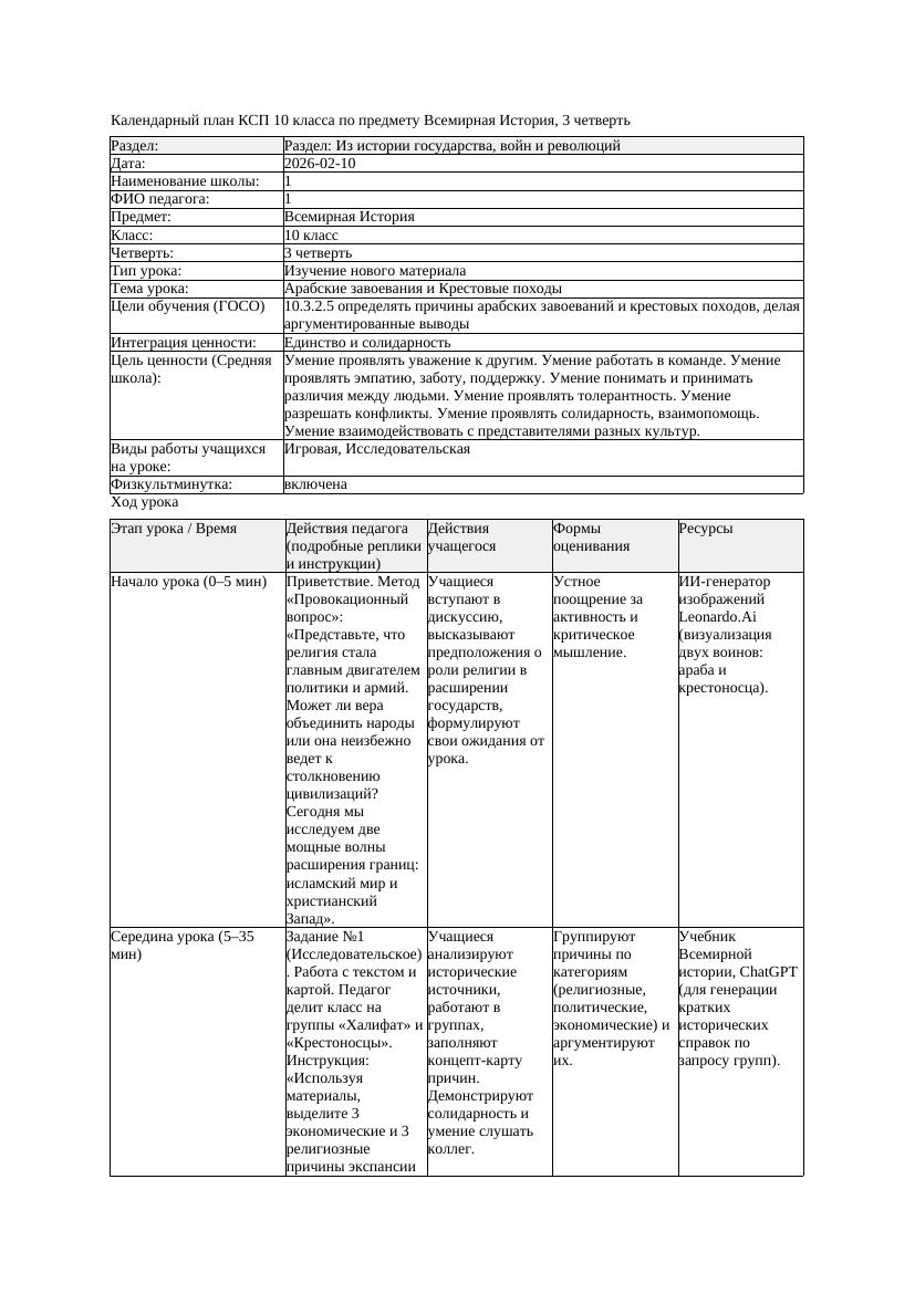 КСП Всемирная История 10класс 3четверть Арабские завоевания и Крестовые
