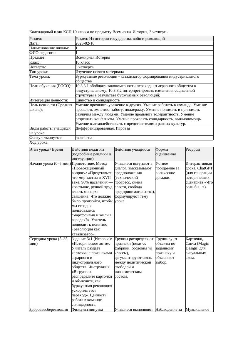 КСП Всемирная История 10класс 3четверть Буржуазные революции катализатор