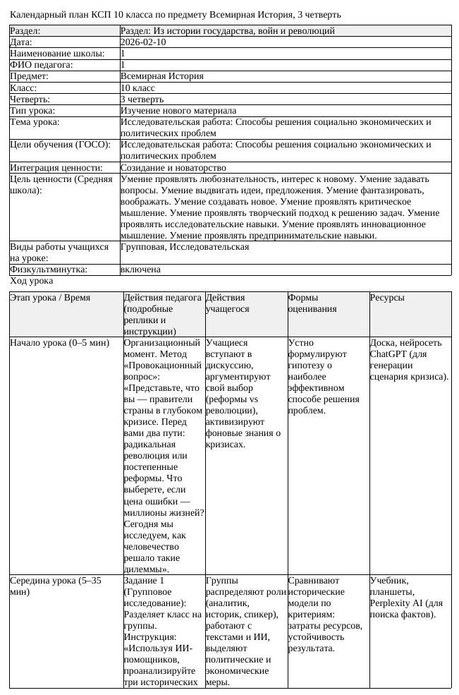 КСП Всемирная История 10 класс 3 четверть Исследовательская работа
