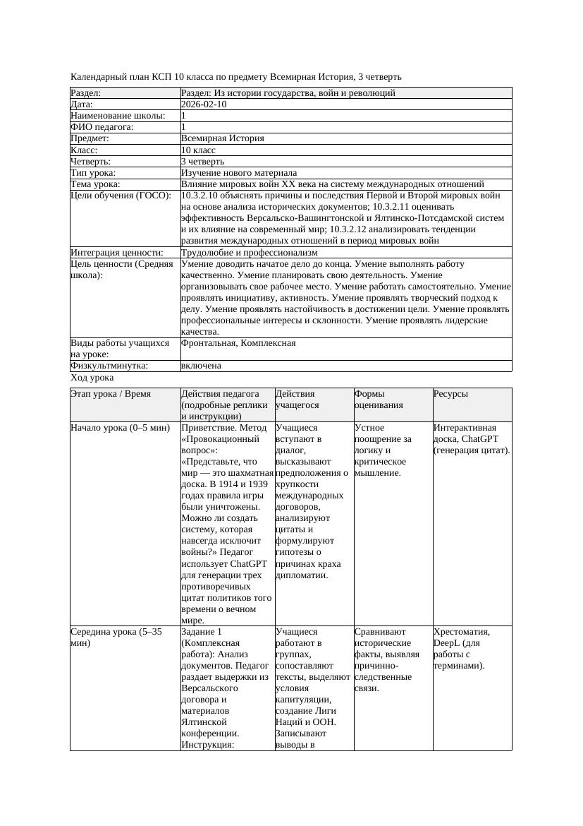 КСП Всемирная История 10класс 3четверть Влияние мировых войн ХХ