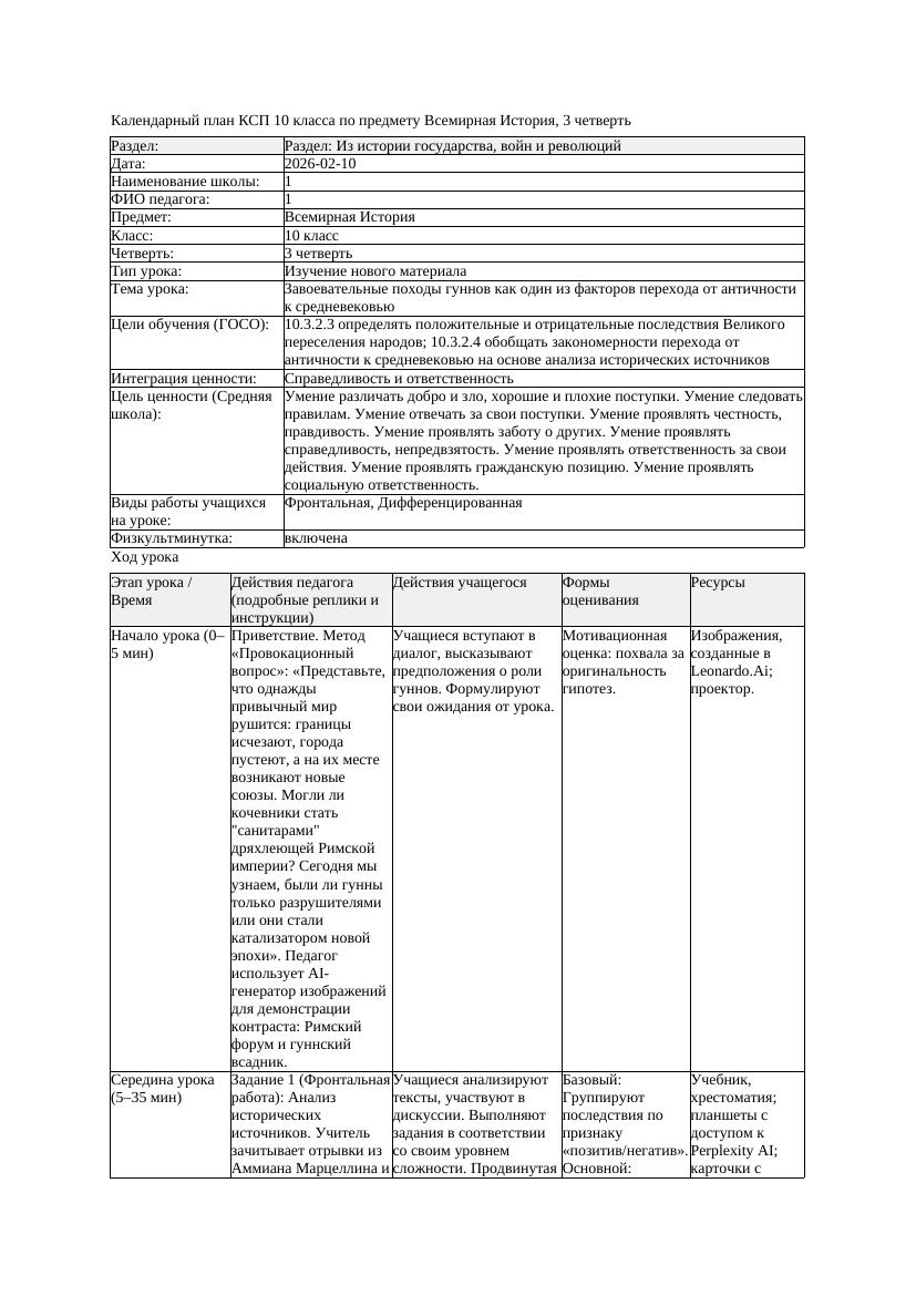 КСП Всемирная История 10класс 3четверть Завоевательные походы гуннов