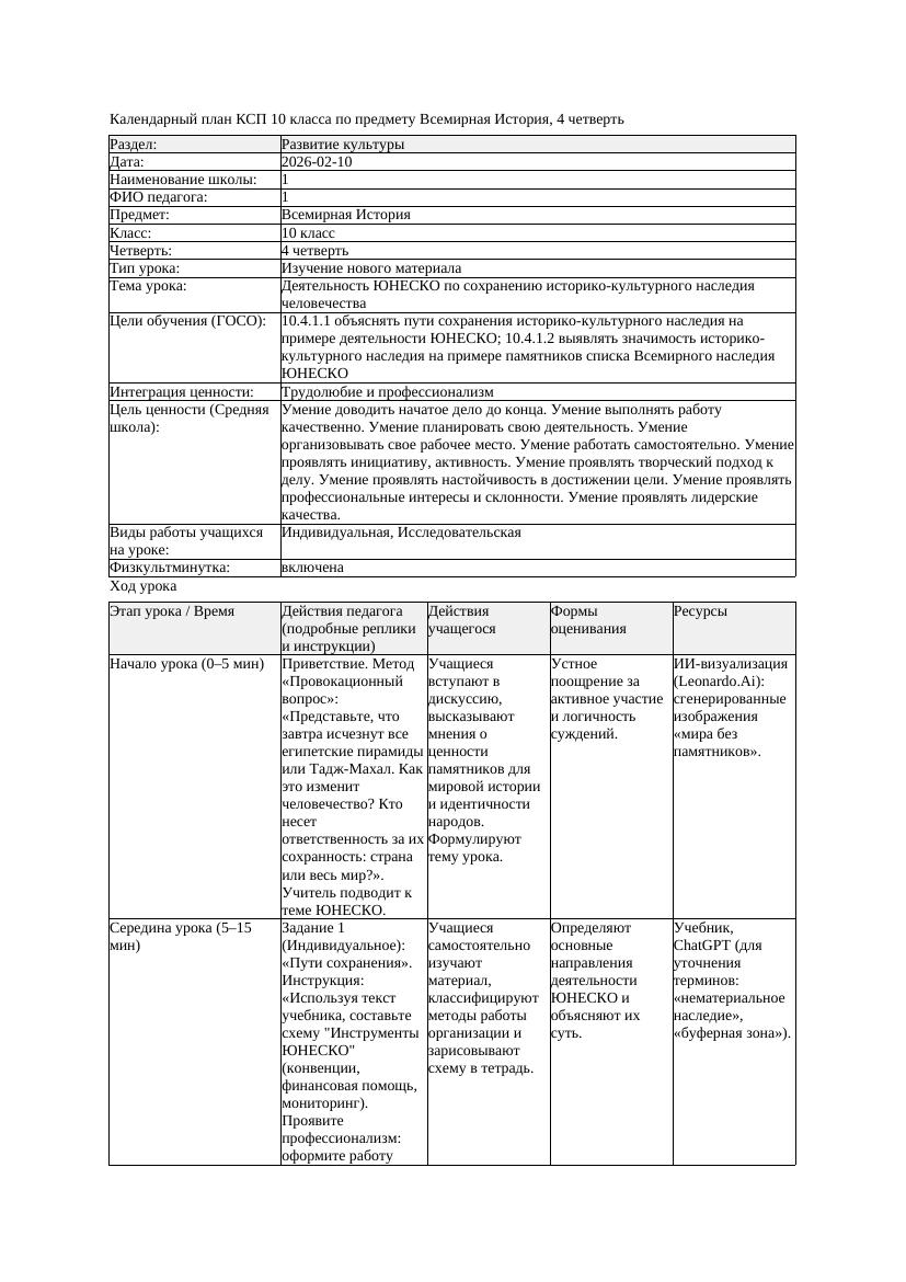КСП Всемирная История 10класс 4четверть Деятельность ЮНЕСКО по сохранению