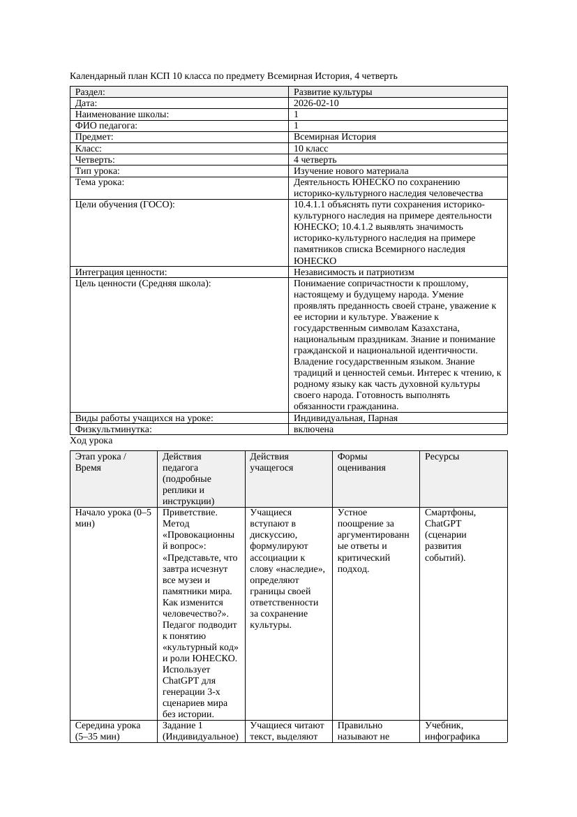 КСП Всемирная История 10класс 4четверть Деятельность ЮНЕСКО по сохранению