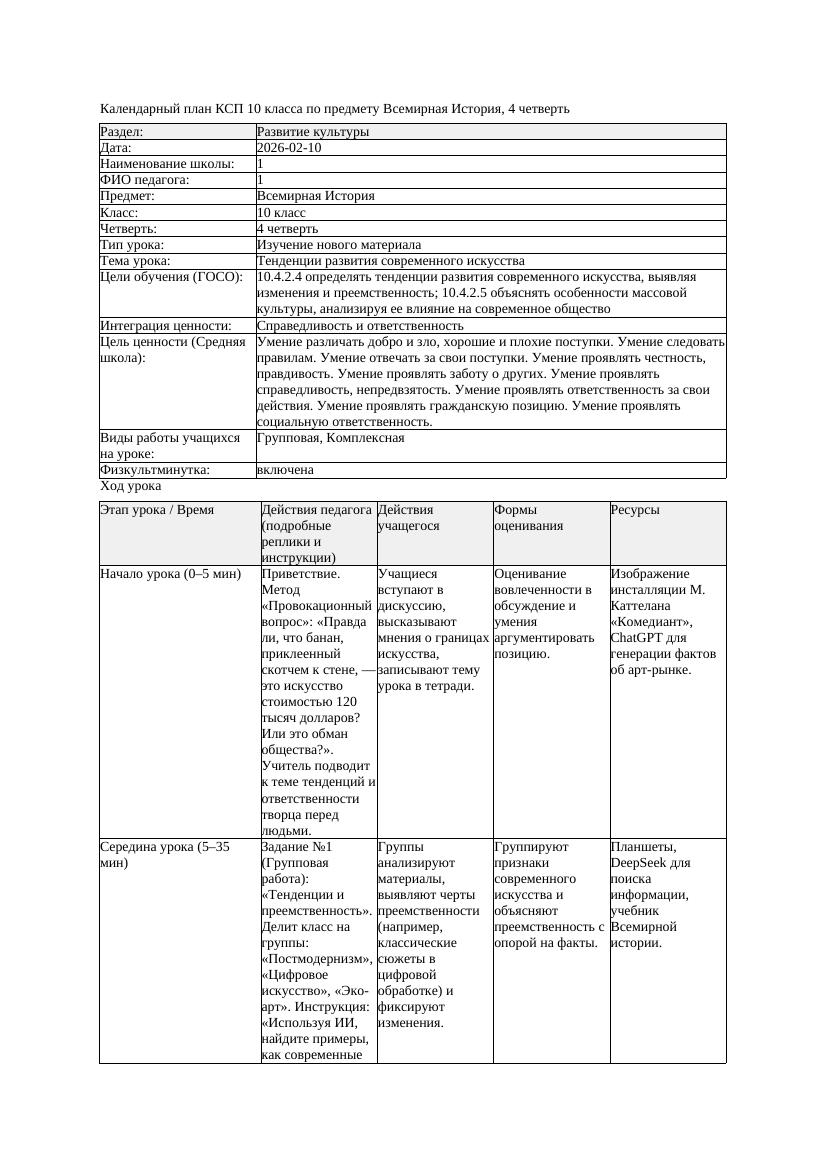 КСП Всемирная История 10класс 4четверть Тенденции развития современного
