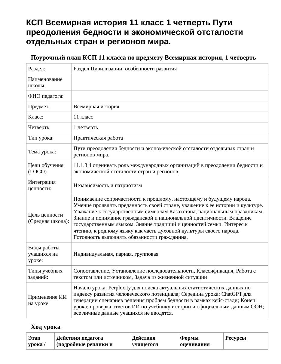 КСП Всемирная история 11 класс 1 четверть Пути преодоления бедности и экономической отсталости отдельных стран и регионов мира.