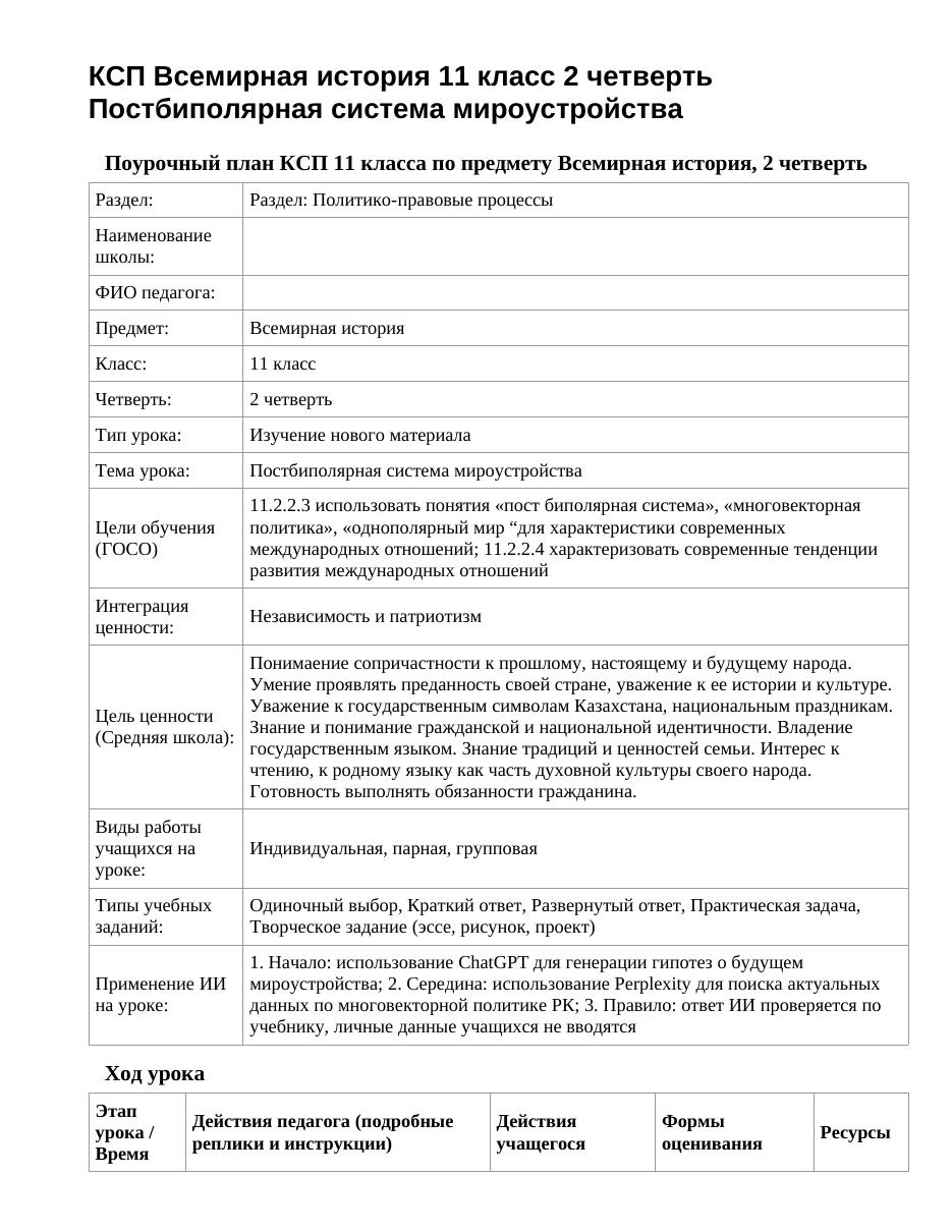 КСП Всемирная история 11 класс 2 четверть Постбиполярная система мироустройства