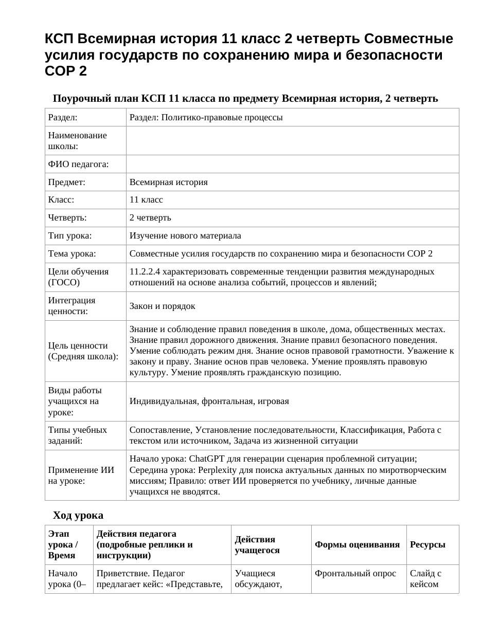 КСП Всемирная история 11 класс 2 четверть Совместные усилия государств по сохранению мира и безопасности СОР 2