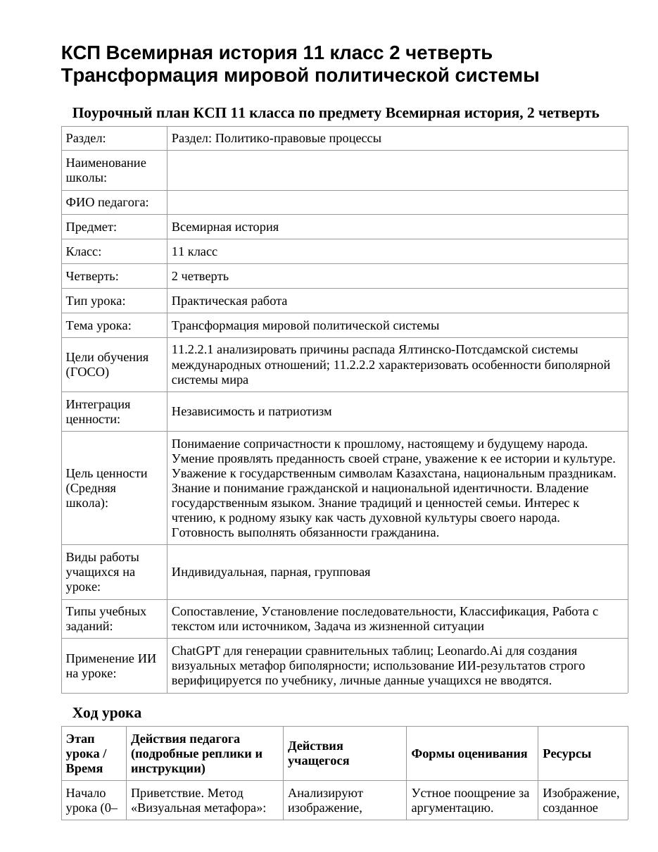 КСП Всемирная история 11 класс 2 четверть Трансформация мировой политической системы